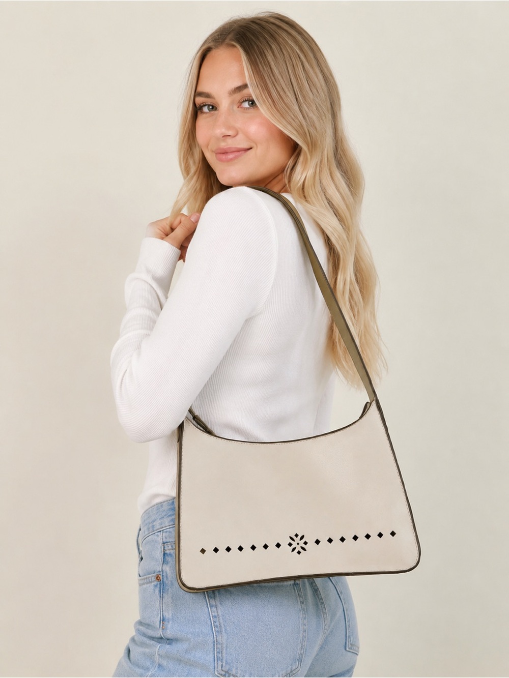 98. Mondani New York Beige Shoulder Bag Cutout Detail Faux Leather Purse